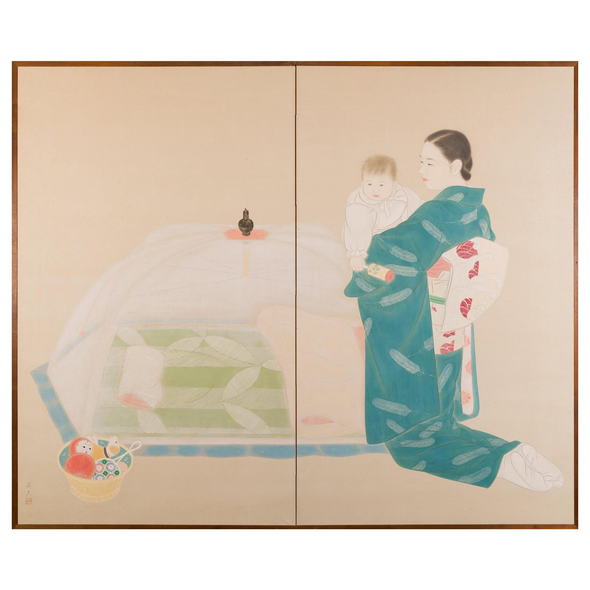 Japanese Two Panel Screen Mother and Child at Bedtime