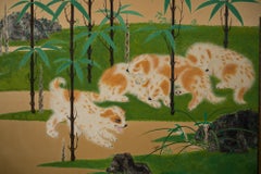 Japanese Two Panel Screen Mother and Puppies Under Bamboo