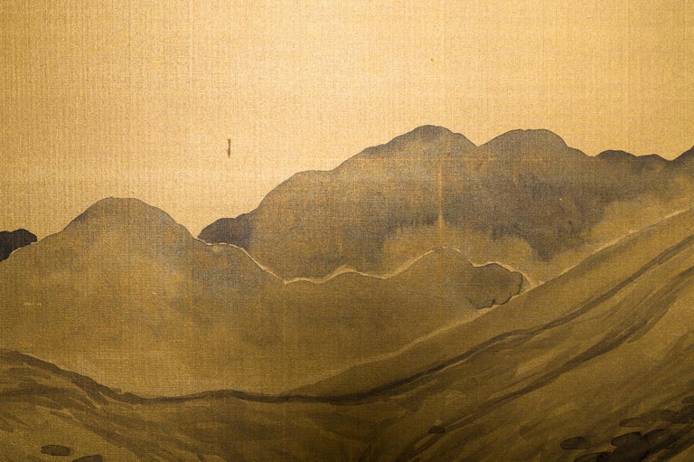 Japanese Two Panel Screen Mountain Landscape on Gold Silk For Sale 5