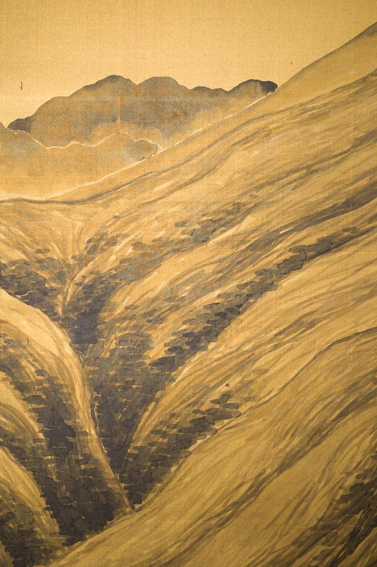 Japanese Two Panel Screen Mountain Landscape on Gold Silk In Good Condition For Sale In Hudson, NY