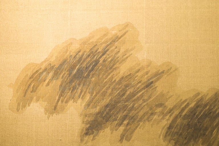 20th Century Japanese Two Panel Screen Mountain Landscape on Gold Silk For Sale