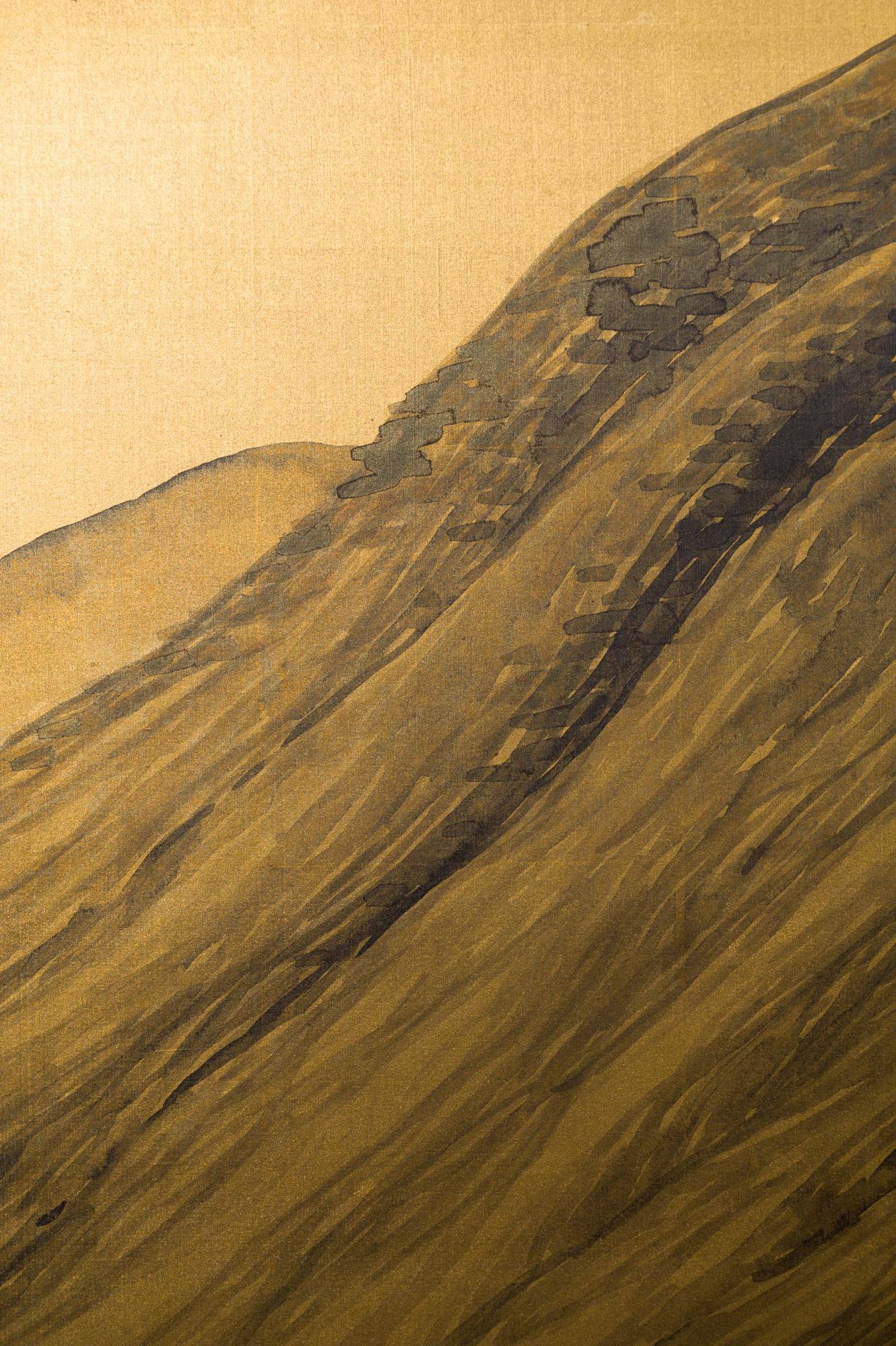 Japanese Two Panel Screen Mountain Landscape on Gold Silk For Sale 1