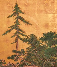Japanese Two Panel Screen: Mountain Landscape With Cedar and Pine on Gold Leaf