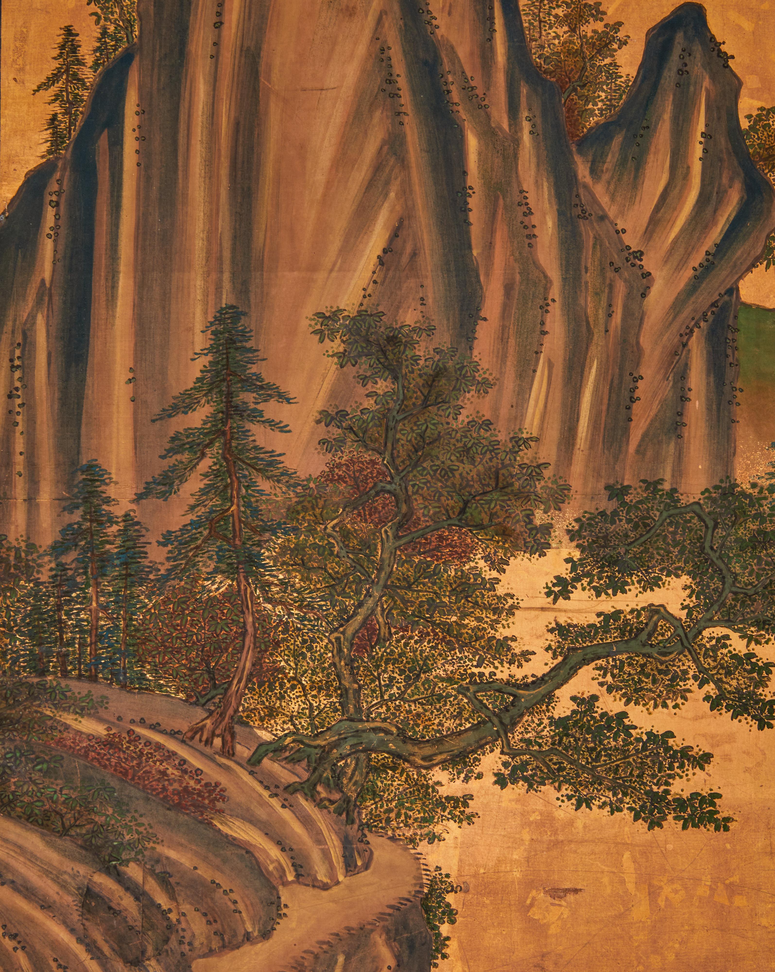 19th Century Japanese Two Panel Screen: Mountain Landscape With Cedar and Pine on Gold Leaf For Sale