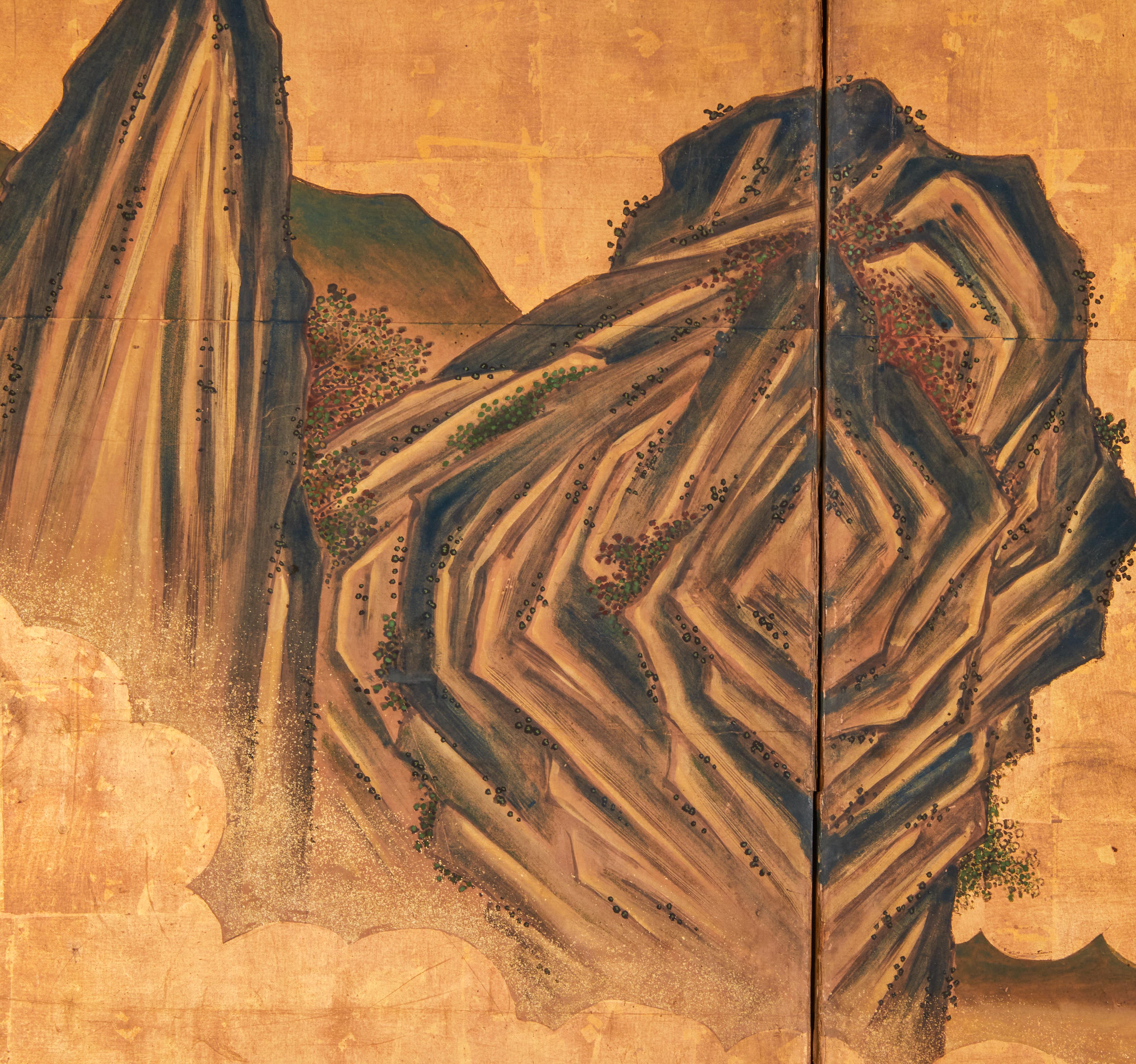 Brocade Japanese Two Panel Screen: Mountain Landscape With Cedar and Pine on Gold Leaf For Sale