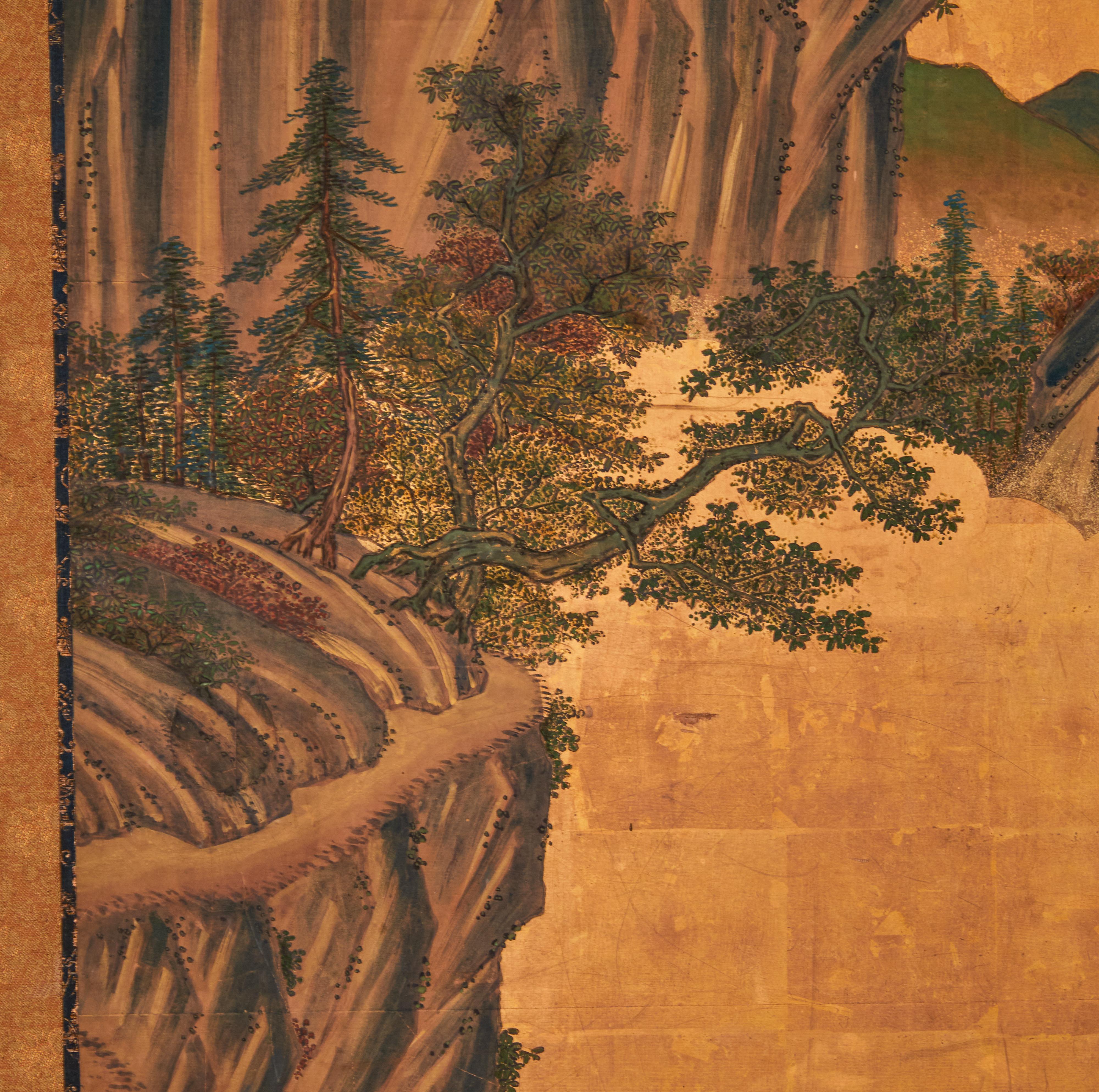 Japanese Two Panel Screen: Mountain Landscape With Cedar and Pine on Gold Leaf For Sale 1