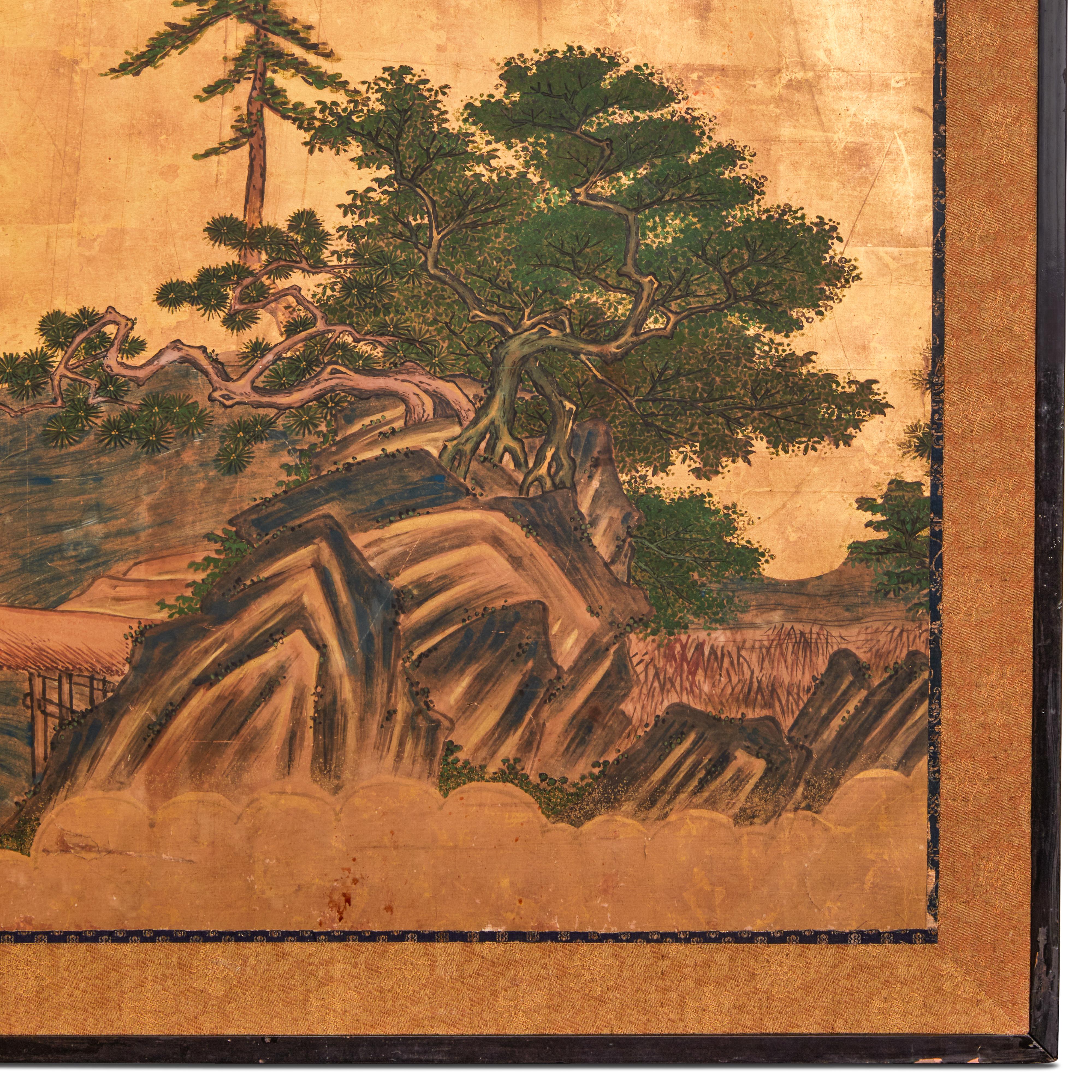 Japanese Two Panel Screen: Mountain Landscape With Cedar and Pine on Gold Leaf For Sale 2