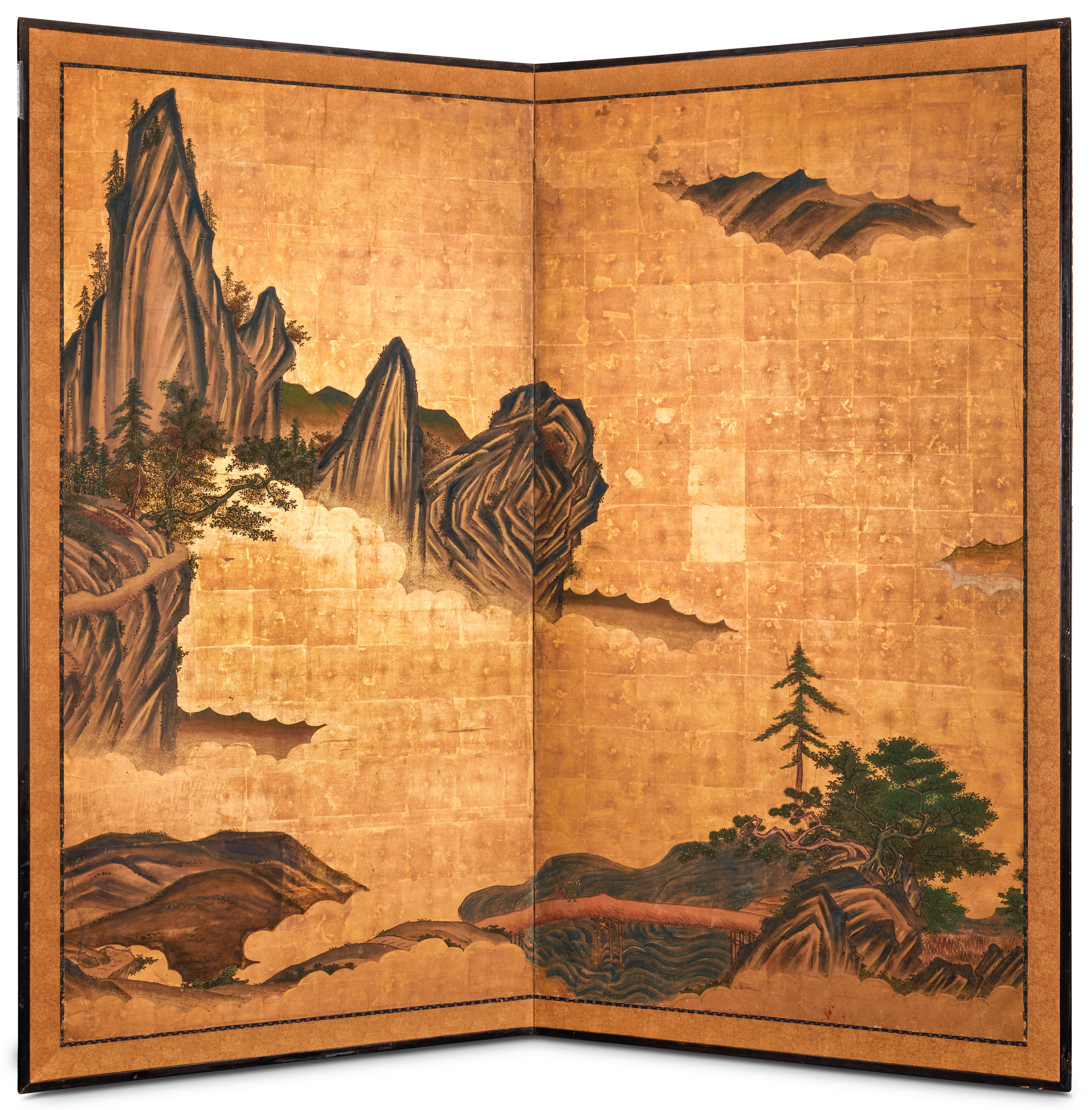 Japanese Two Panel Screen: Mountain Landscape With Cedar and Pine on Gold Leaf For Sale 4