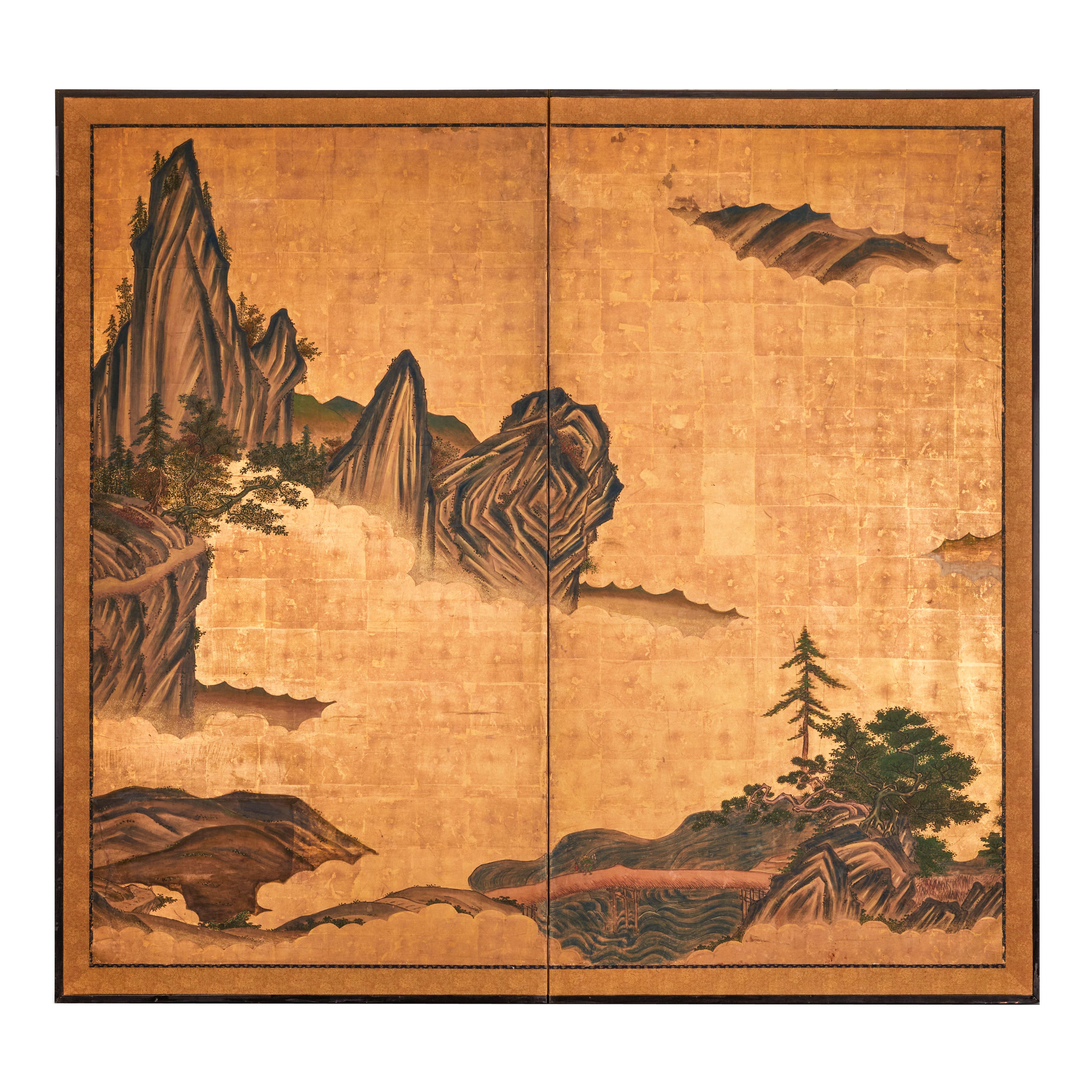 Japanischer Raumteiler mit zwei Tafeln: Berglandschaft mit Zedernholz und Kiefernholz auf Blattgold