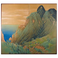 Japanischer Zwei-Panel-Bildschirm:: Mountain Seaside Village