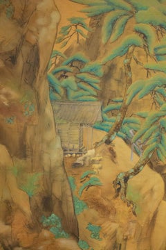 Japanese Two-Panel Screen Mountain Shrine on Craggy Ledge
