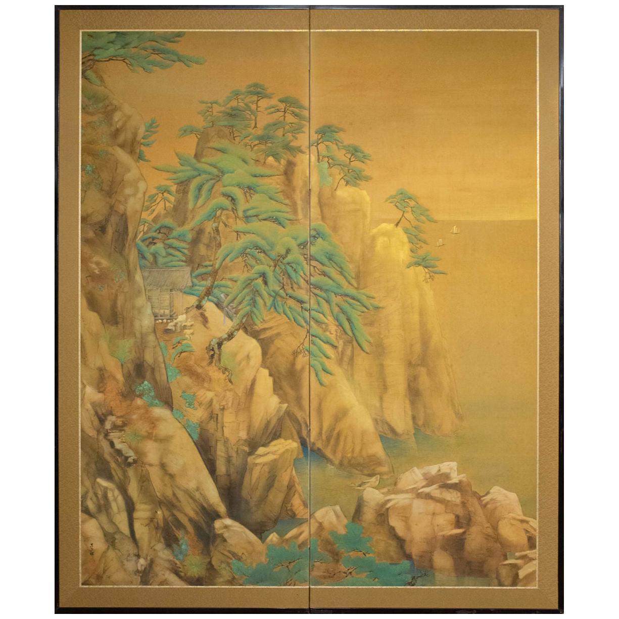 Japanese Two-Panel Screen Mountain Shrine on Craggy Ledge For Sale