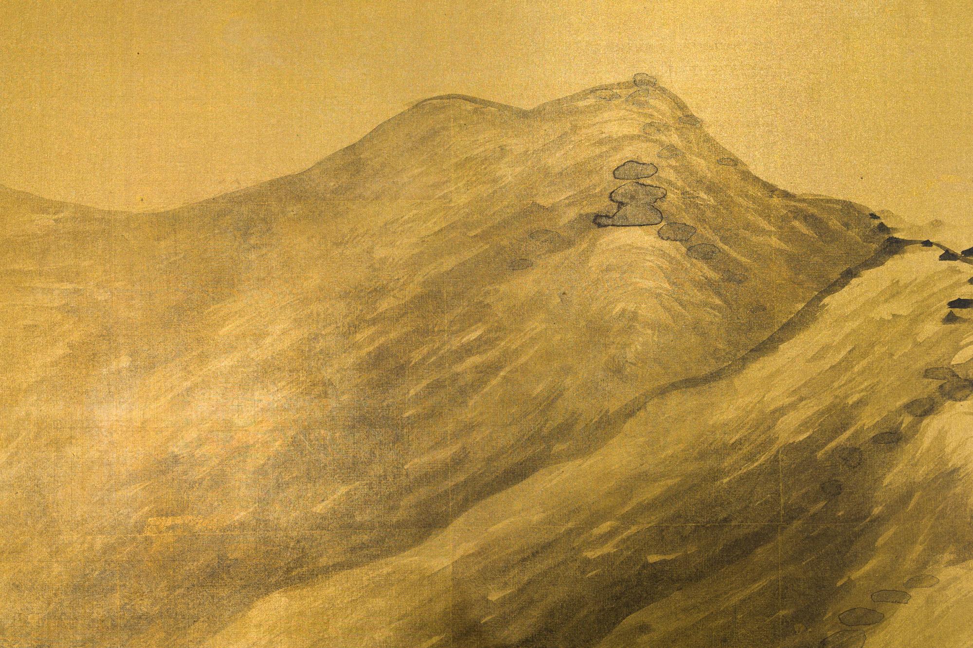 Chinese School landscape ink painting on gilded silk by Yukimatsu Shunpo, signed and dated 1924. Yukimatsu Shunpo was born in Oita in 1897 and studied under Himejima Chikugai in Osaka. He exhibited with the Teiten (future Nitten) many times and