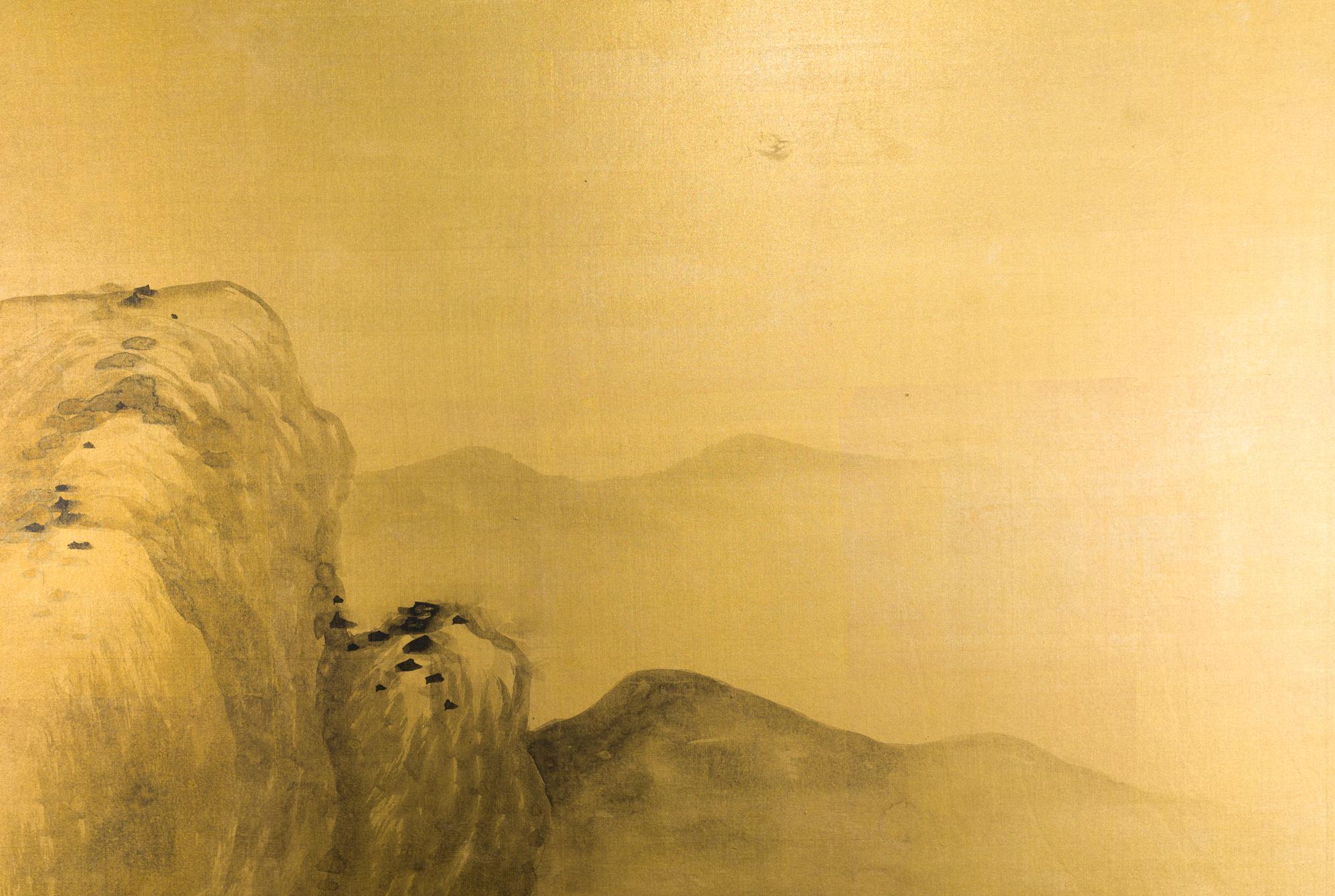 Gilt Japanese Two Panel Screen: Mountains in the Mist For Sale