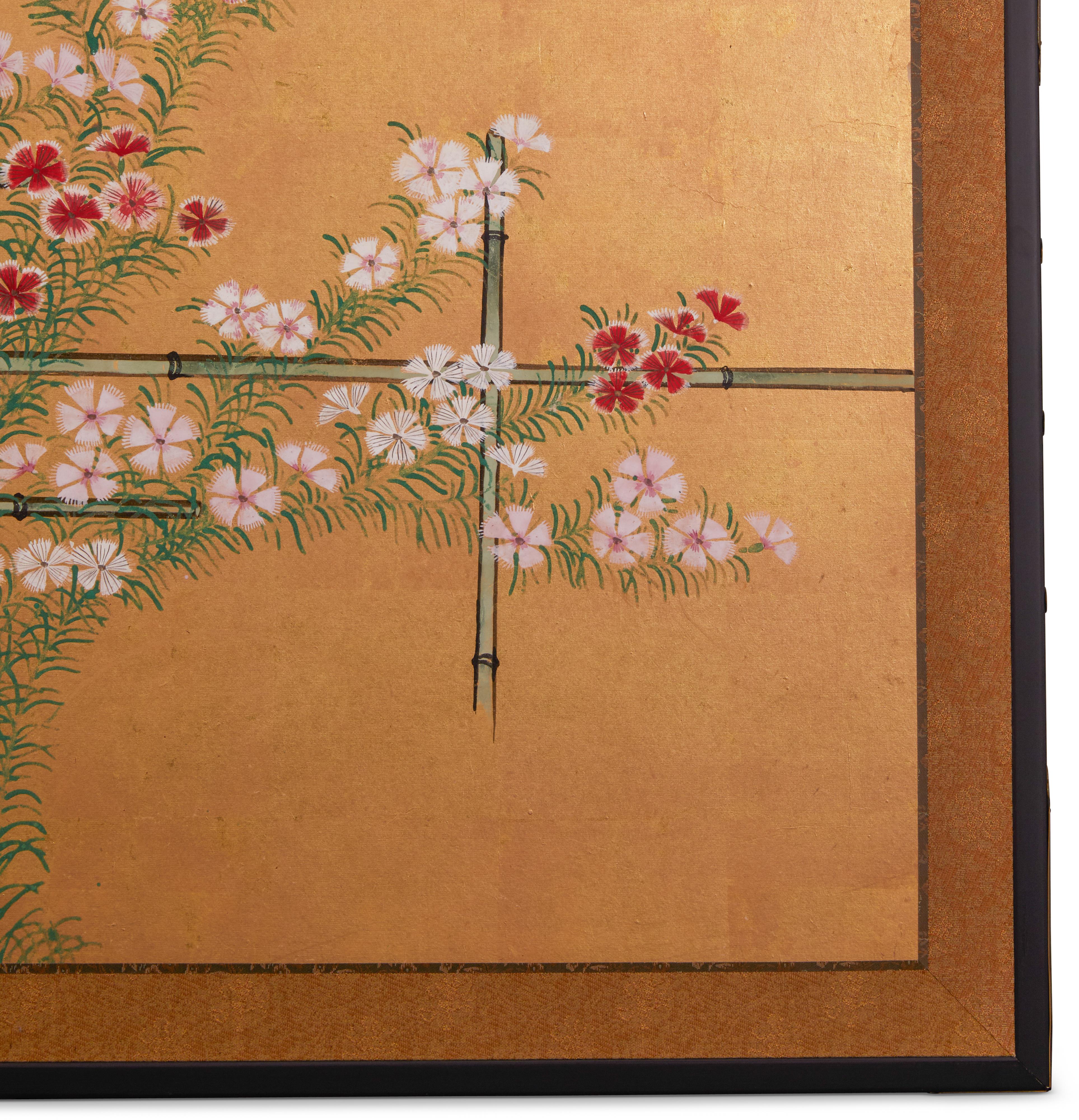Nadeshiko, also known as fringed pinks is a flowering plant native to Japan.  Ink, mineral pigments and 18th century gold leaf, with good veining, on mulberry paper.  Silk brocade border and black lacquer trim with bronze hardware.  