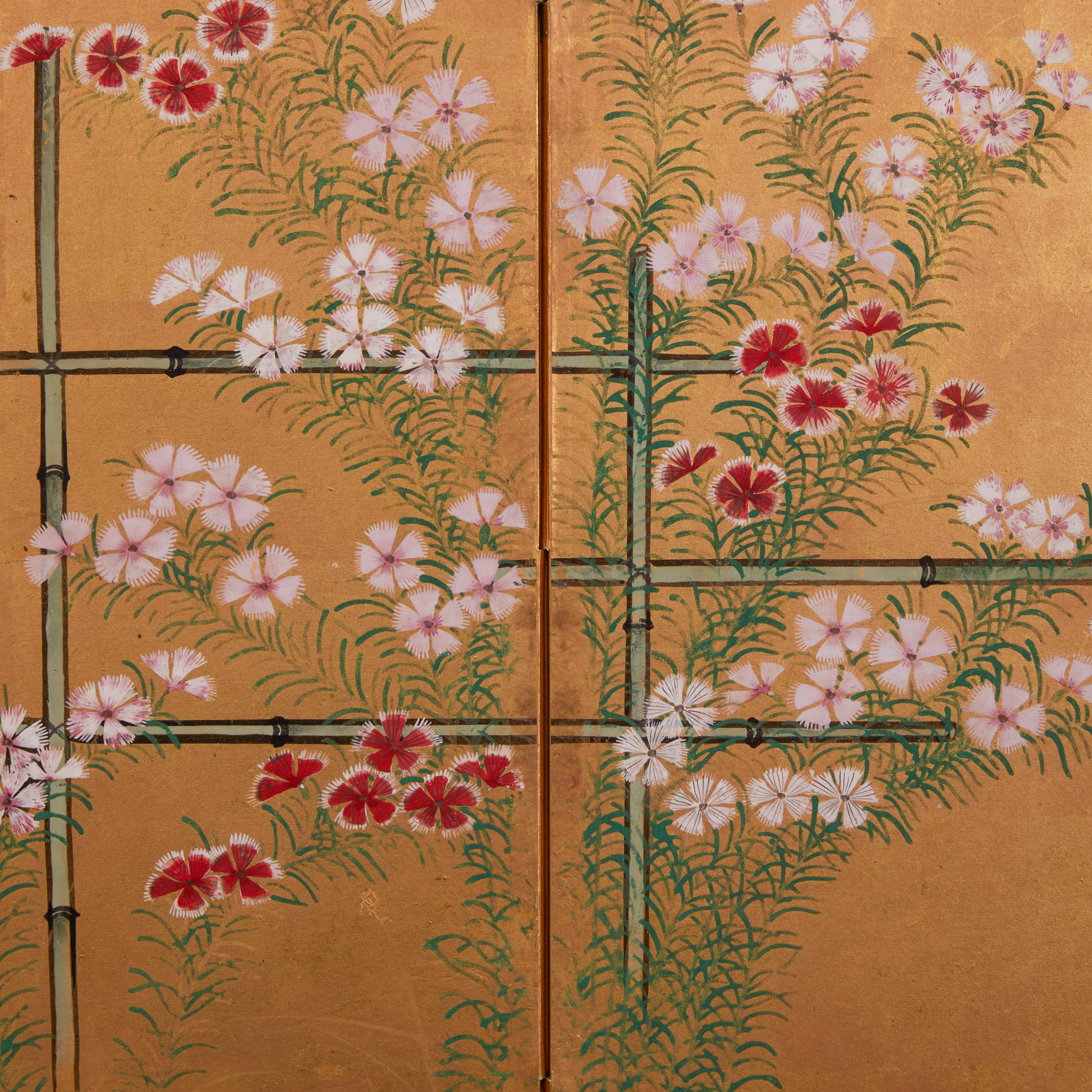 Painted Japanese Two Panel Screen: Nadeshiko on Bamboo Trellis For Sale