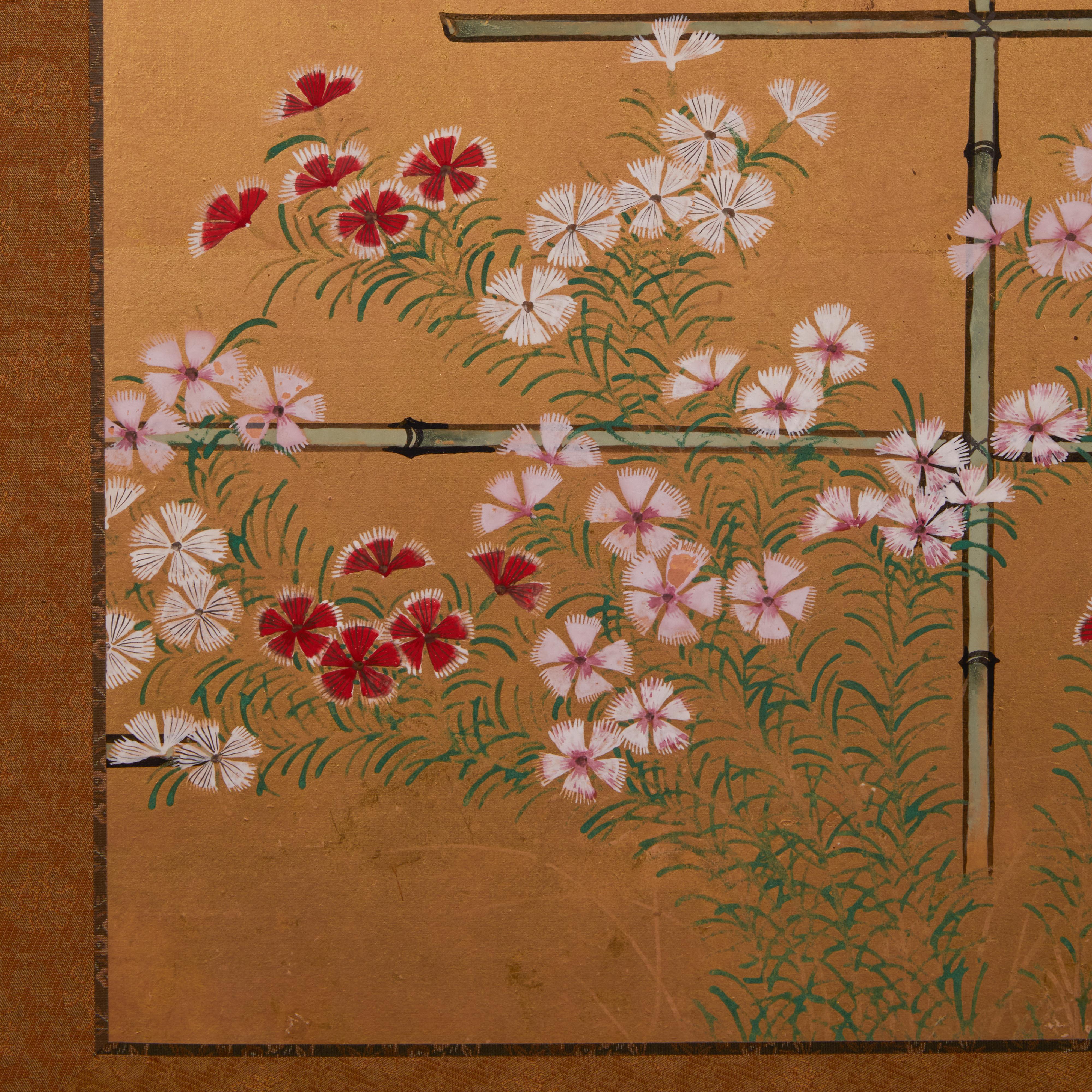 Painted Japanese Two Panel Screen: Nadeshiko on Bamboo Trellis For Sale