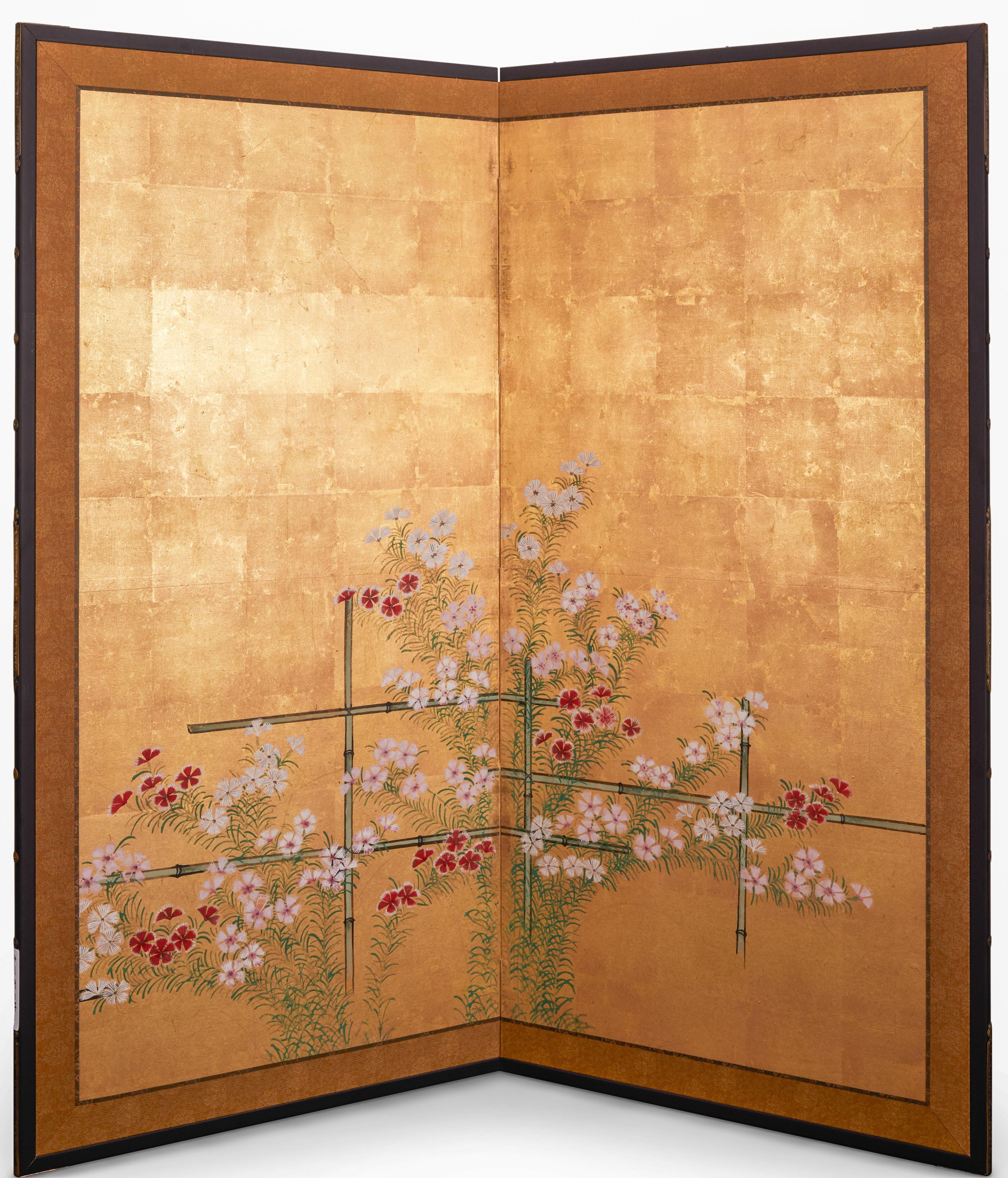 18th Century and Earlier Japanese Two Panel Screen: Nadeshiko on Bamboo Trellis For Sale