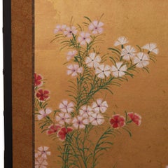 Japanese Two Panel Screen: Nadeshiko on Gold Leaf