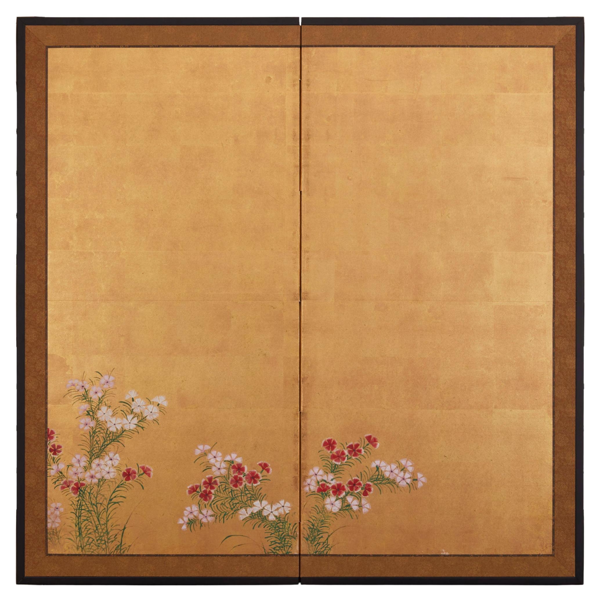 Japanese Two Panel Screen: Nadeshiko on Gold Leaf For Sale