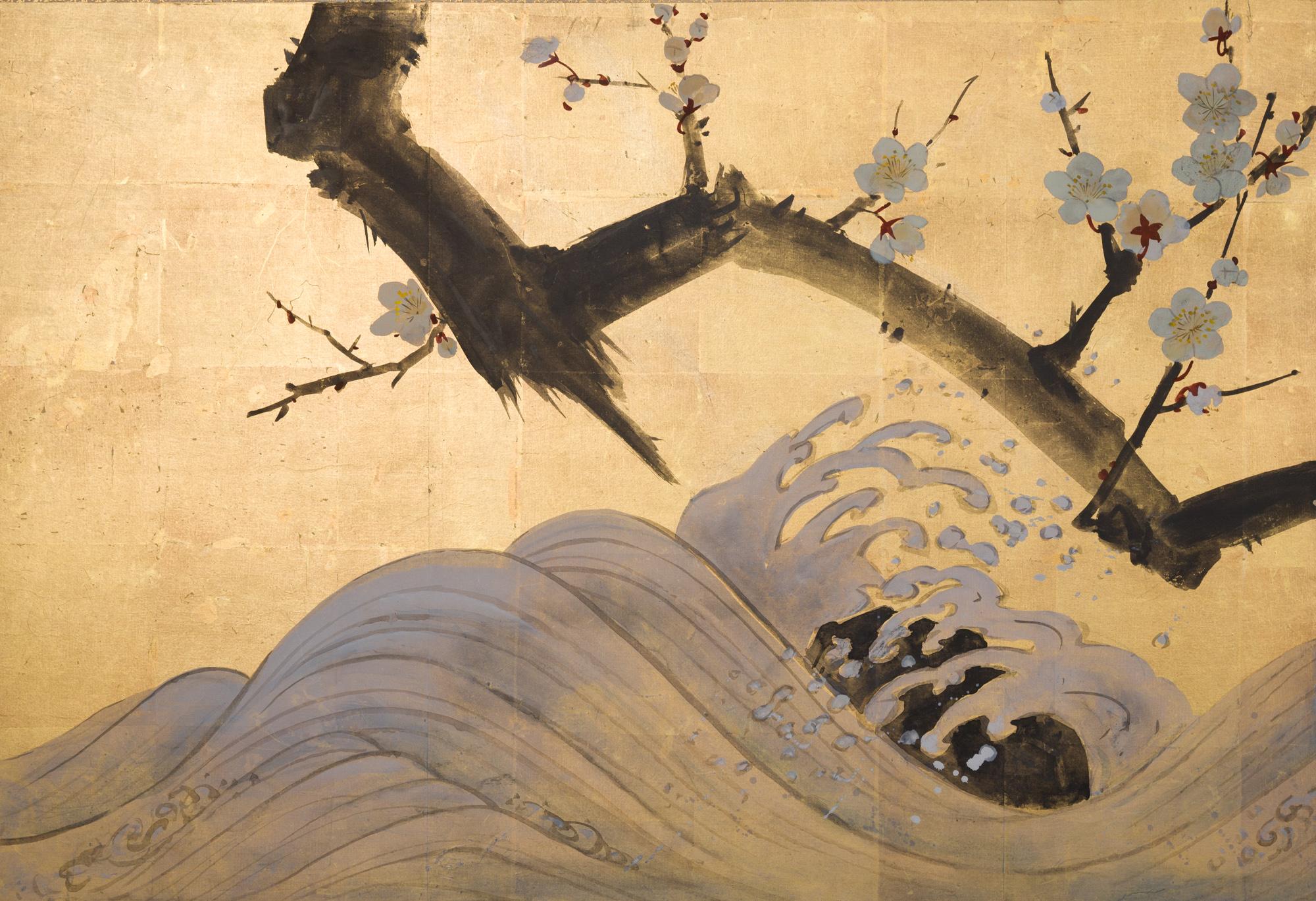 Japanese Two Panel Screen Ocean Landscape, Rising Sun and Plum Branch 1