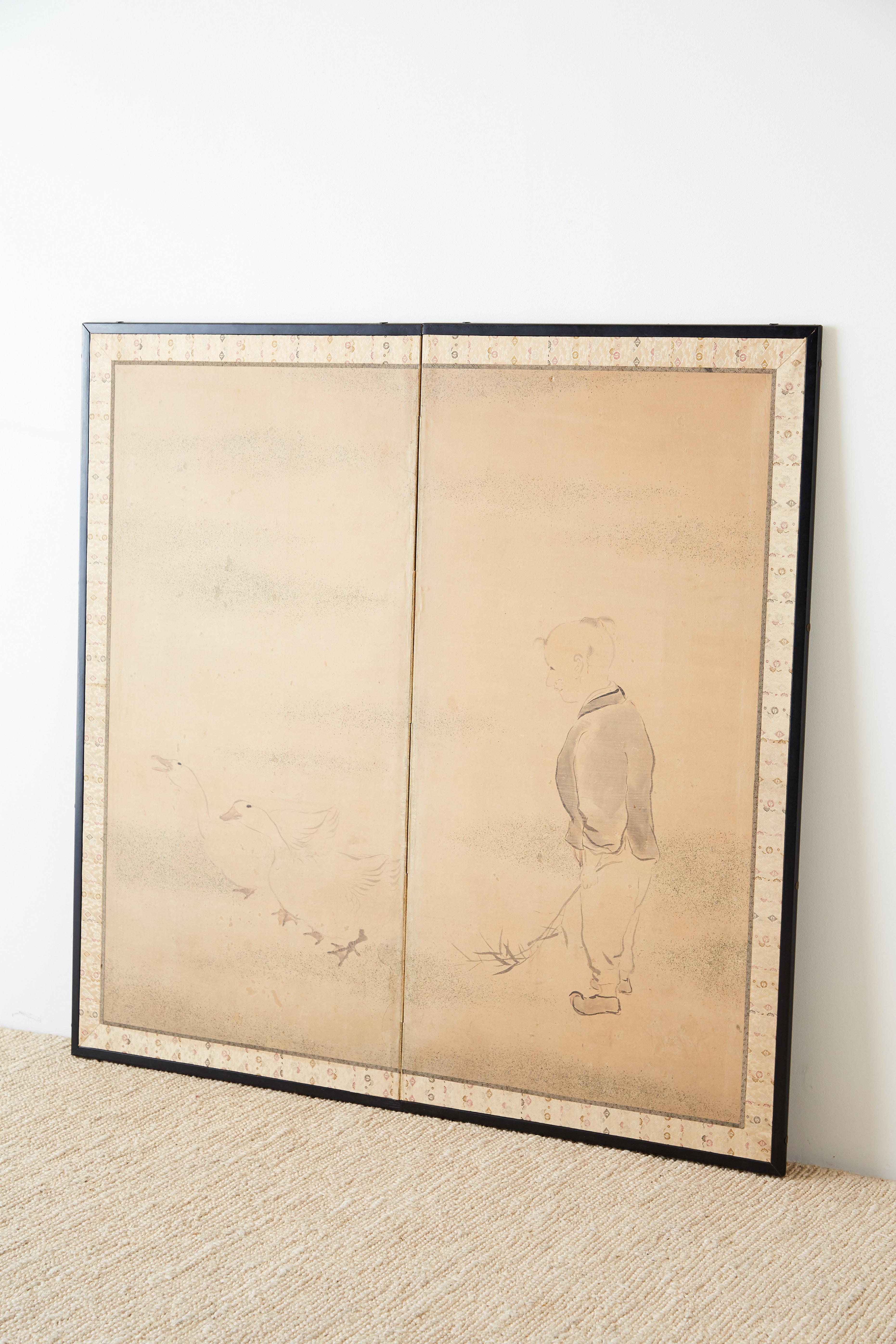 Meiji Japanese Two Panel Screen of Child with Geese