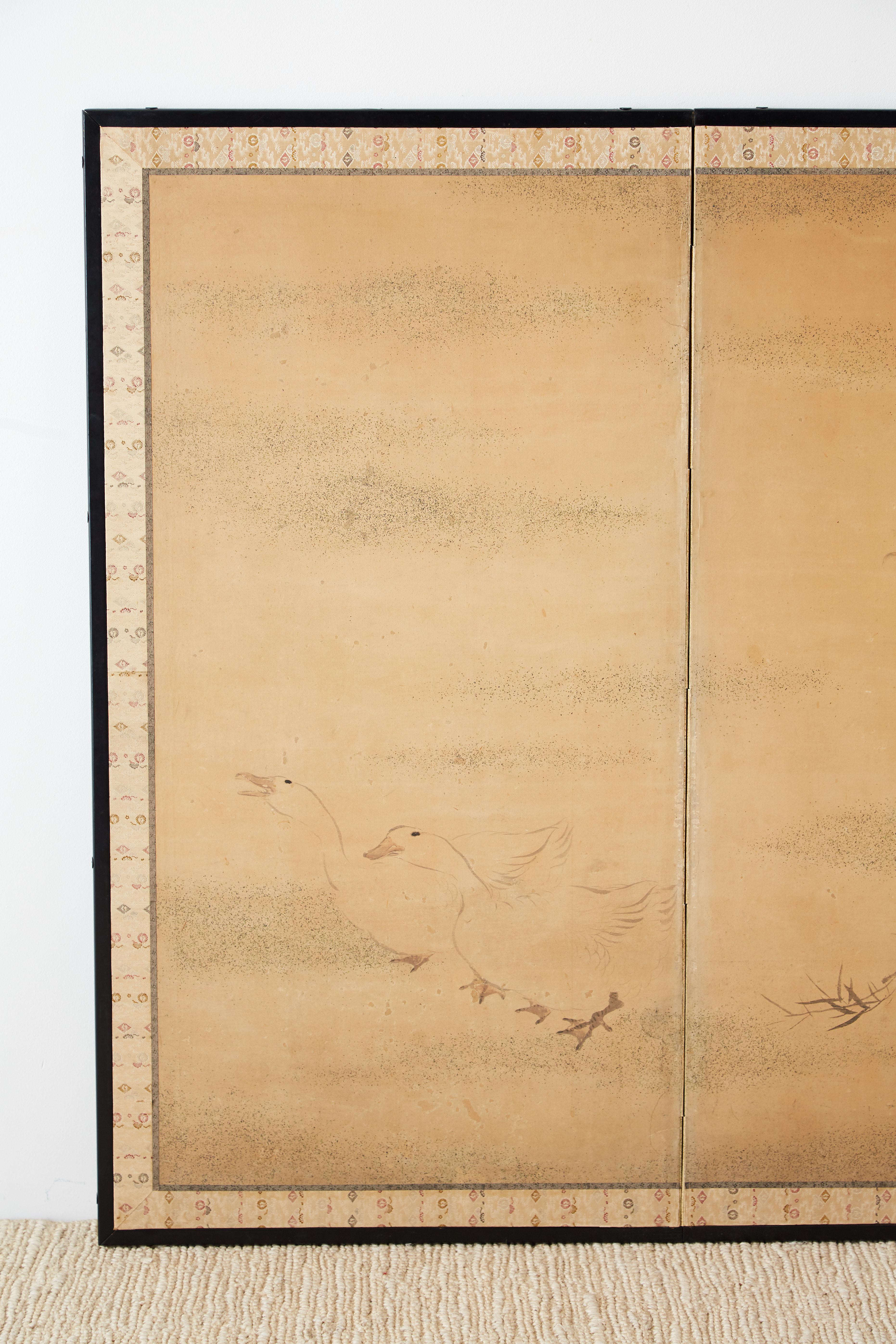 Ebonized Japanese Two Panel Screen of Child with Geese