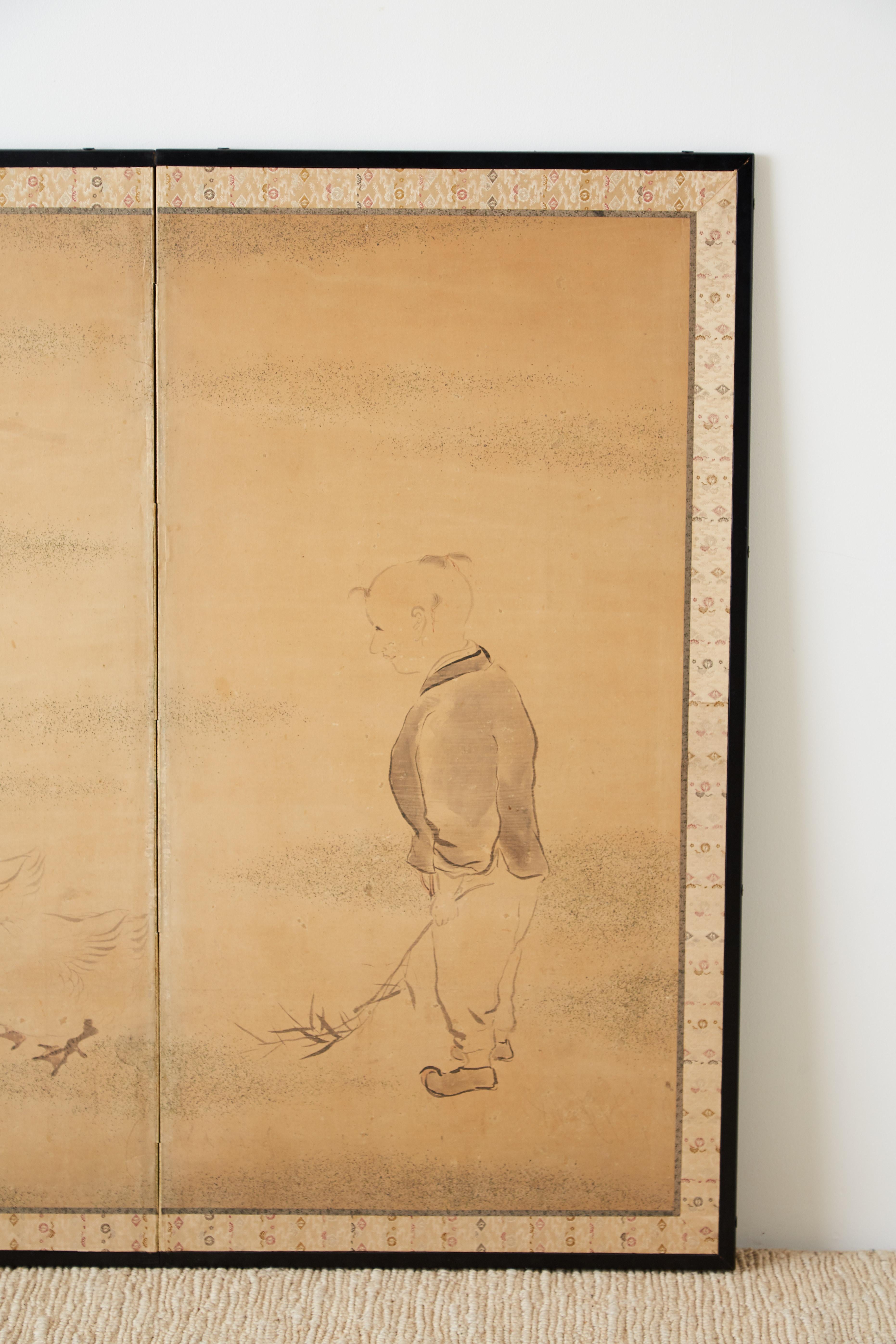 Japanese Two Panel Screen of Child with Geese In Good Condition In Rio Vista, CA