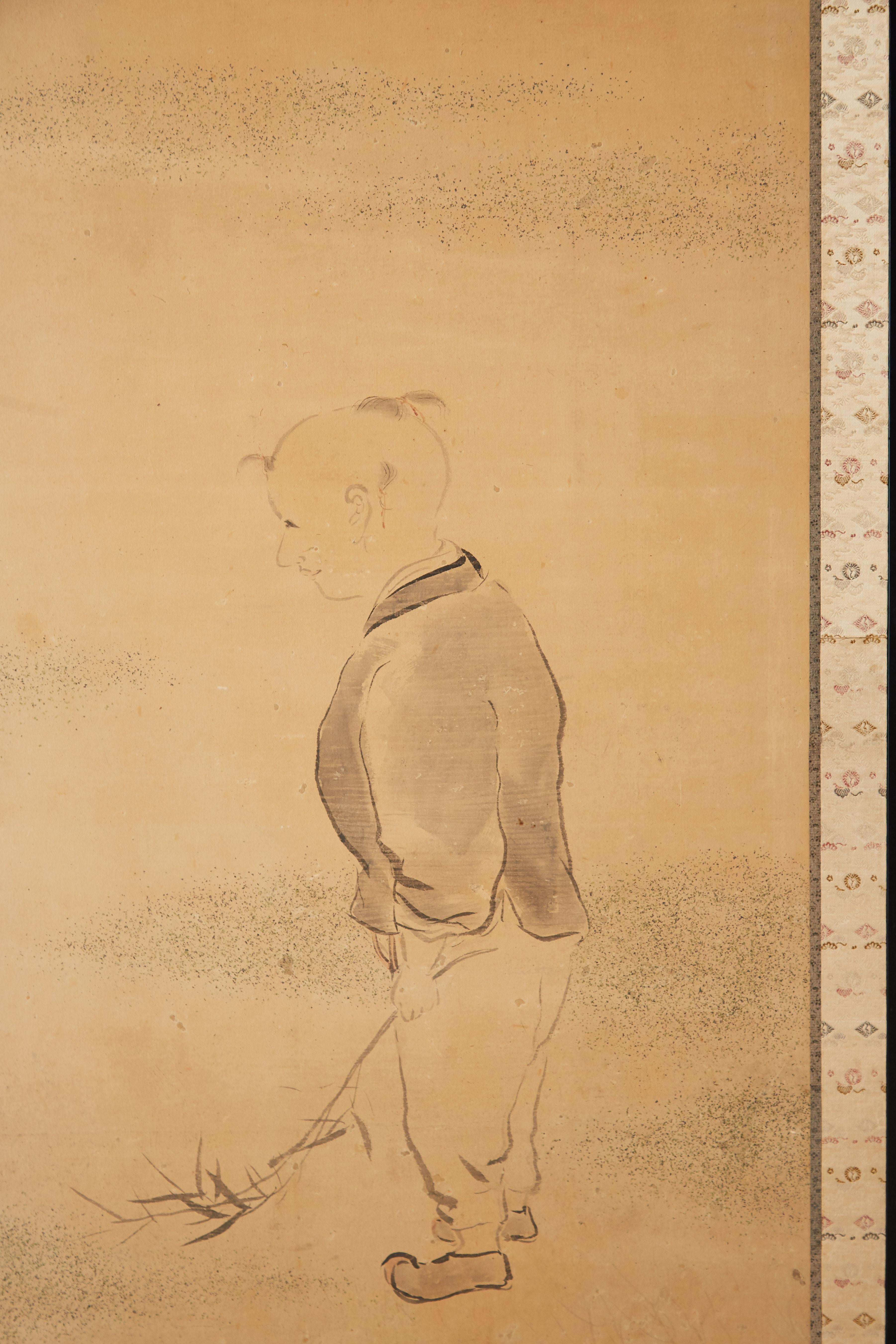 Japanischer japanischer Raumteiler mit zwei Tafeln, Kind mit Eicheln (19. Jahrhundert)