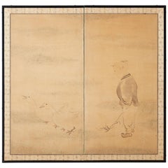 Japanese Two Panel Screen of Child with Geese
