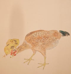 Japanese Two-Panel Screen of Rooster and Hen, Kisho Shibahara, c. 1920