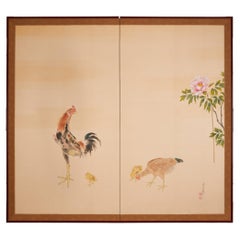 Japanese Two-Panel Screen of Rooster and Hen, Kisho Shibahara, c. 1920