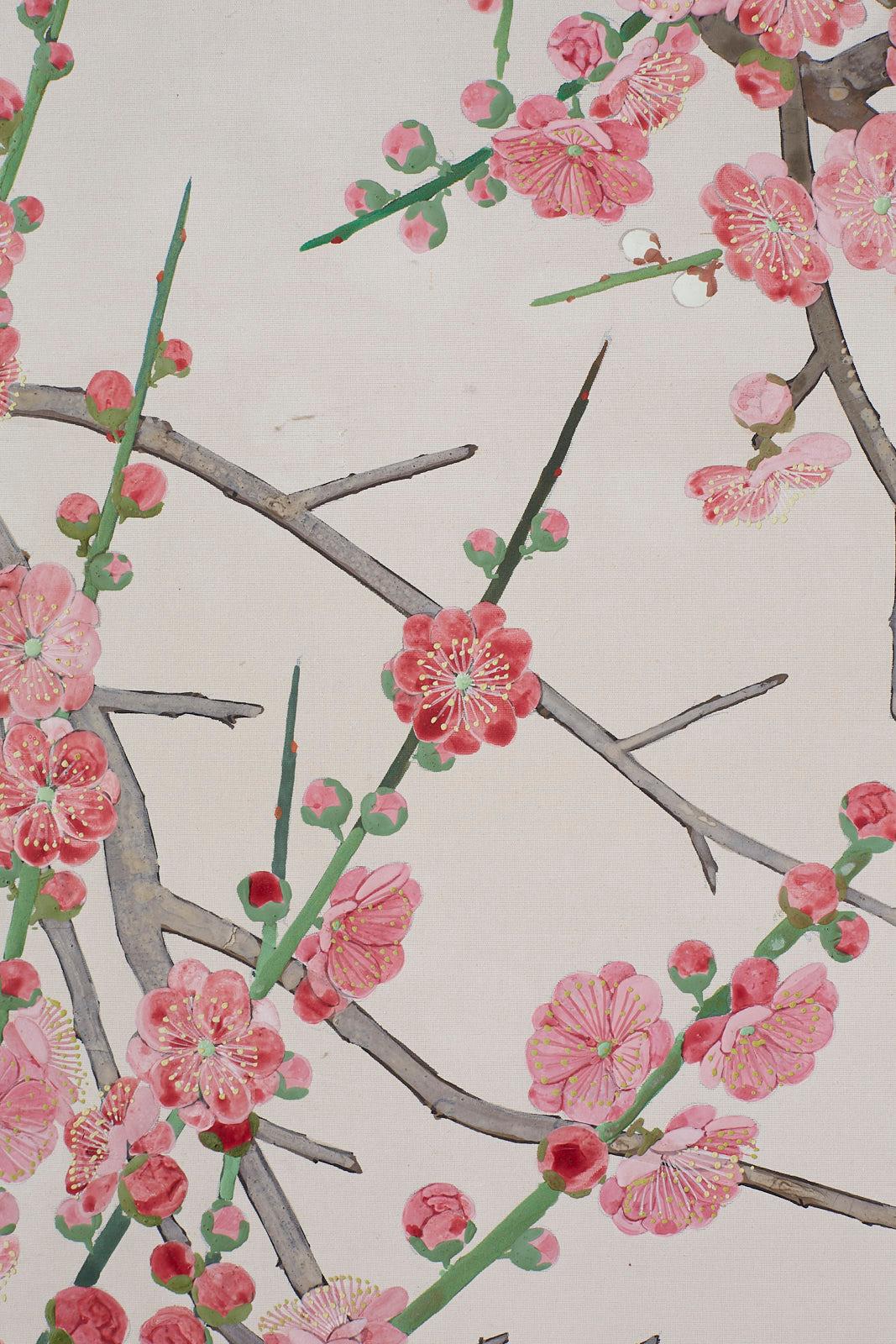 Japanese Two-Panel Screen Early Spring Flora Prunus Blossoms 6