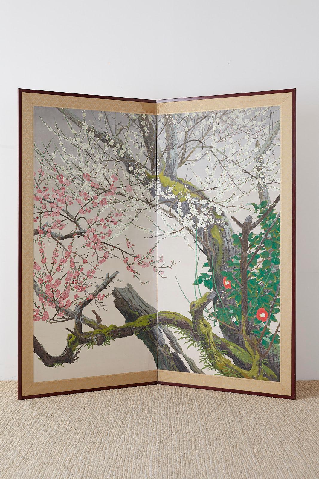 Japanese Two-Panel Screen Early Spring Flora Prunus Blossoms 7