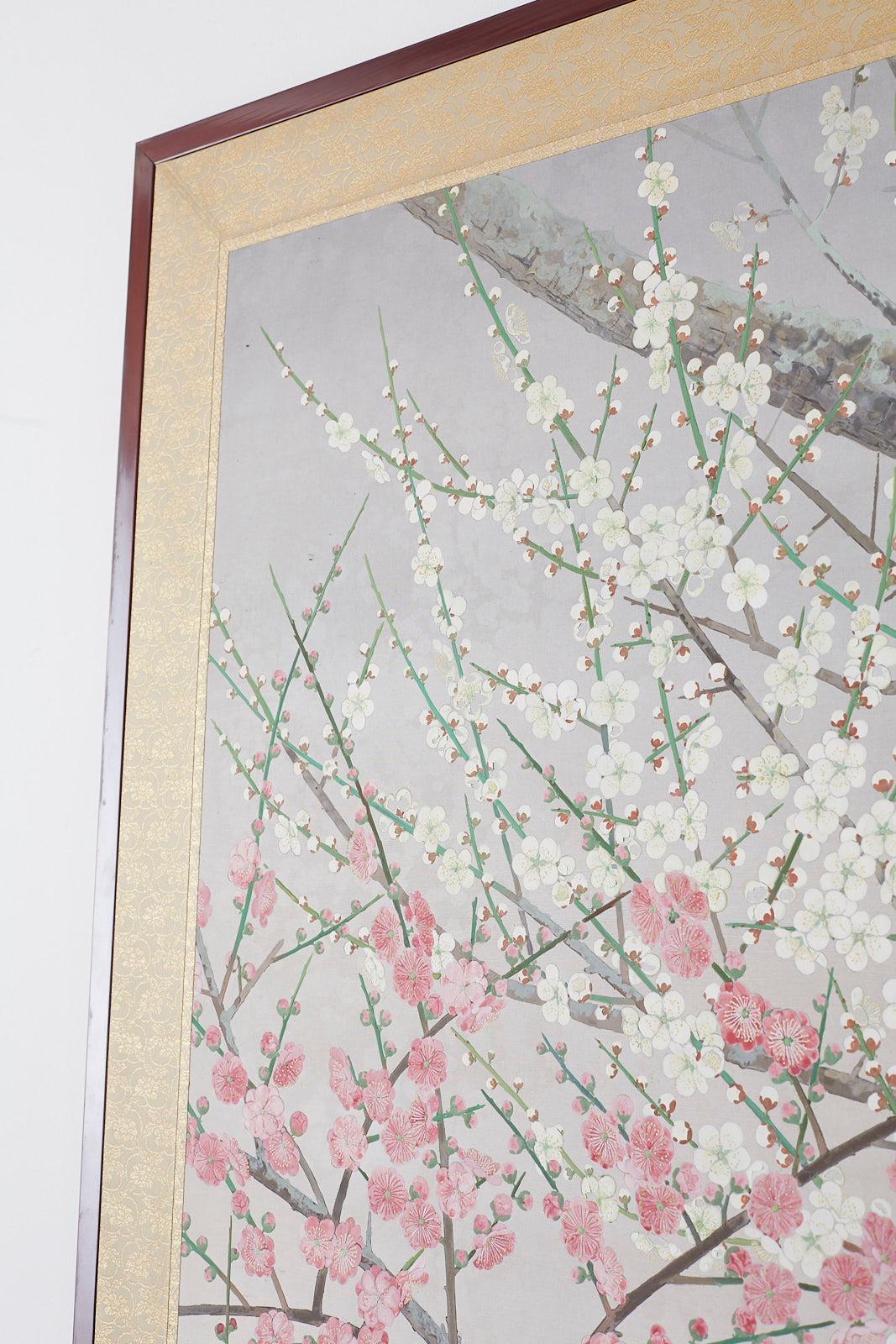 Japanese Two-Panel Screen Early Spring Flora Prunus Blossoms 10