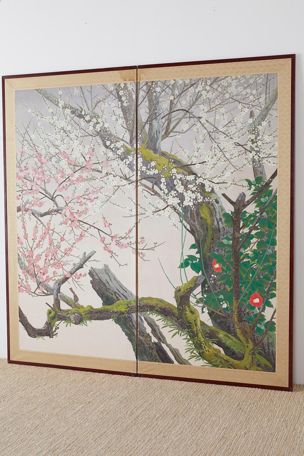 Japanese Two-Panel Screen Early Spring Flora Prunus Blossoms 11
