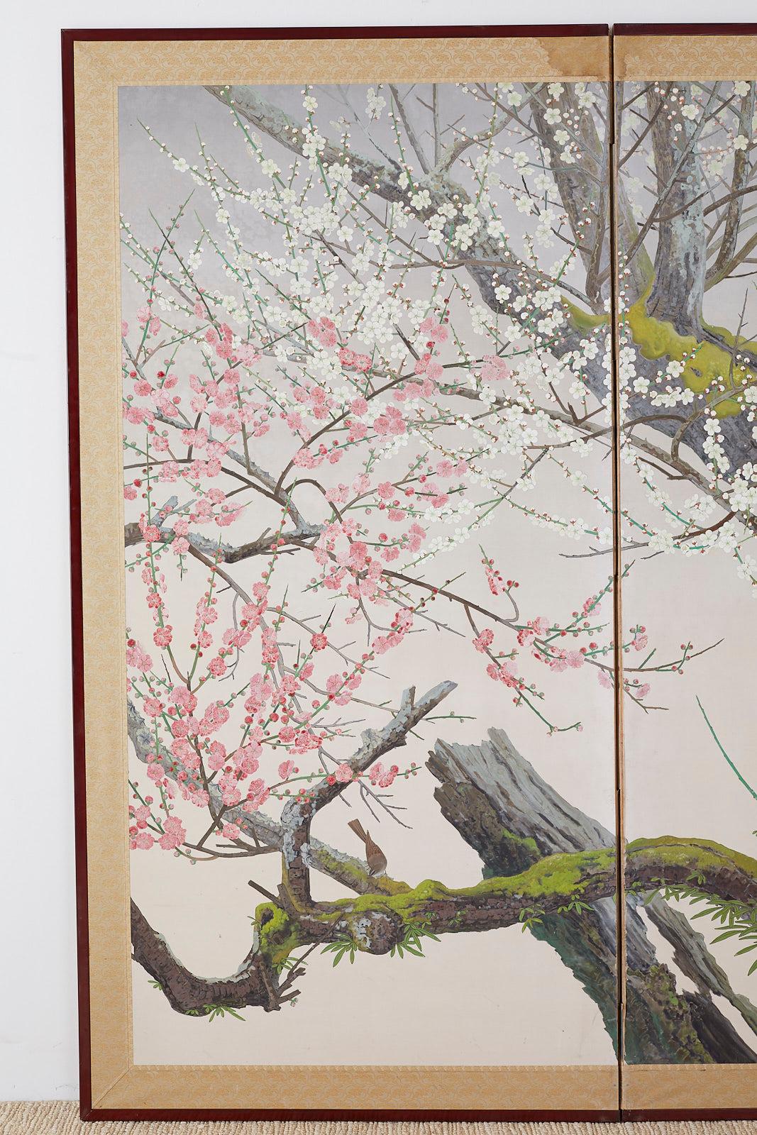Modern Japanese Two-Panel Screen Early Spring Flora Prunus Blossoms