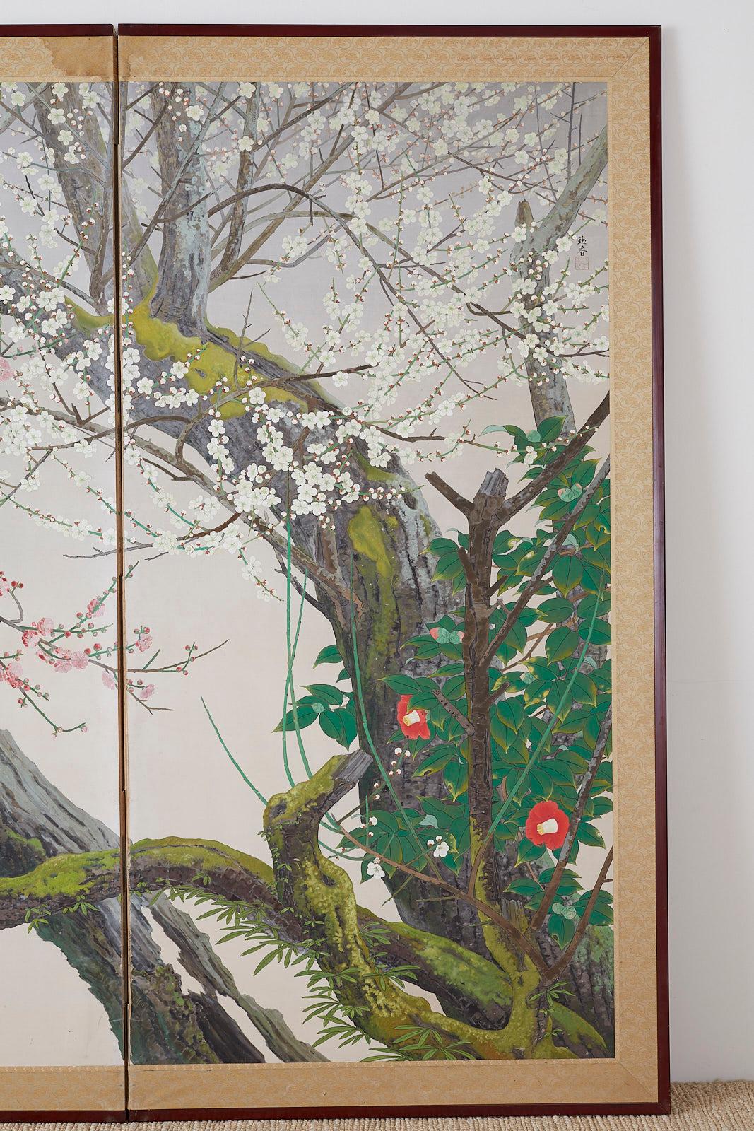 Hand-Painted Japanese Two-Panel Screen Early Spring Flora Prunus Blossoms