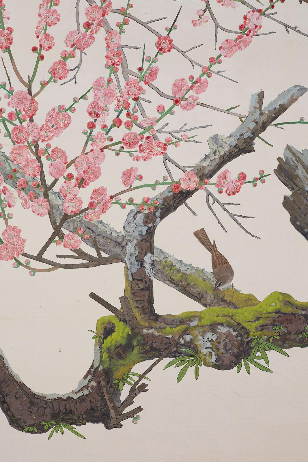 20th Century Japanese Two-Panel Screen Early Spring Flora Prunus Blossoms