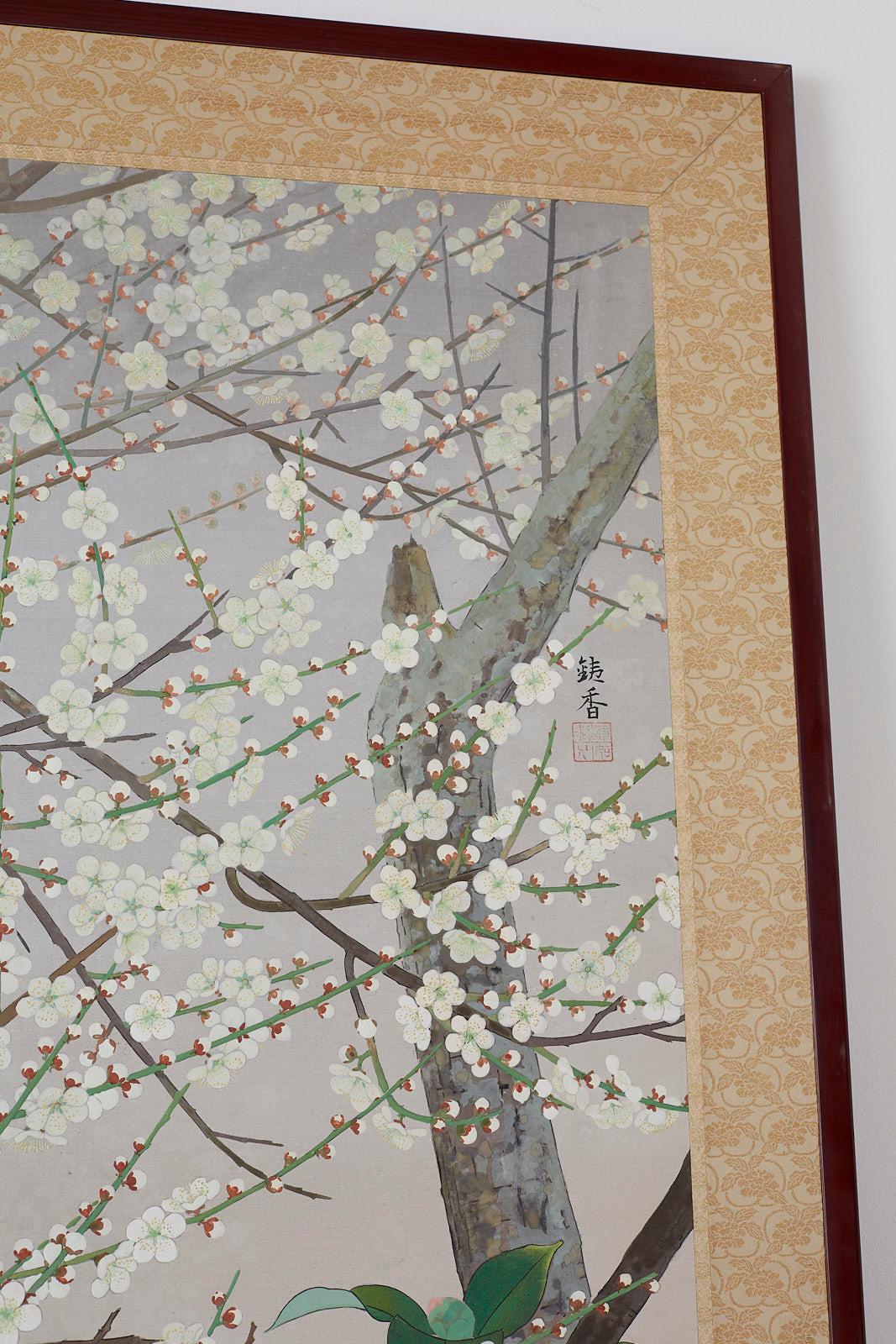 Japanese Two-Panel Screen Early Spring Flora Prunus Blossoms 2
