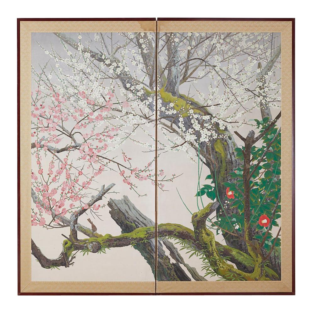 Japanese Two-Panel Screen Early Spring Flora Prunus Blossoms