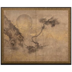 Japanese Two-Panel Screen, Old Pine and Moon