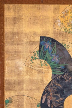 Paravento giapponese a due pannelli: Ventagli dipinti su foglia d'oro