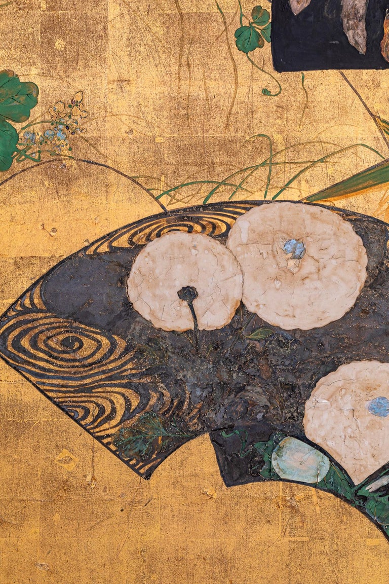 Brocade Japanese Two Panel Screen: Painted Fans on Gold Leaf For Sale