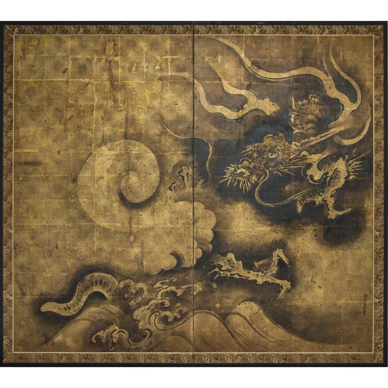 Japanese Two Panel Screen Dragon Ink On Gold At 1stdibs