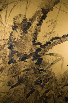 Japanese Two Panel Screen Painting of Plum Tree