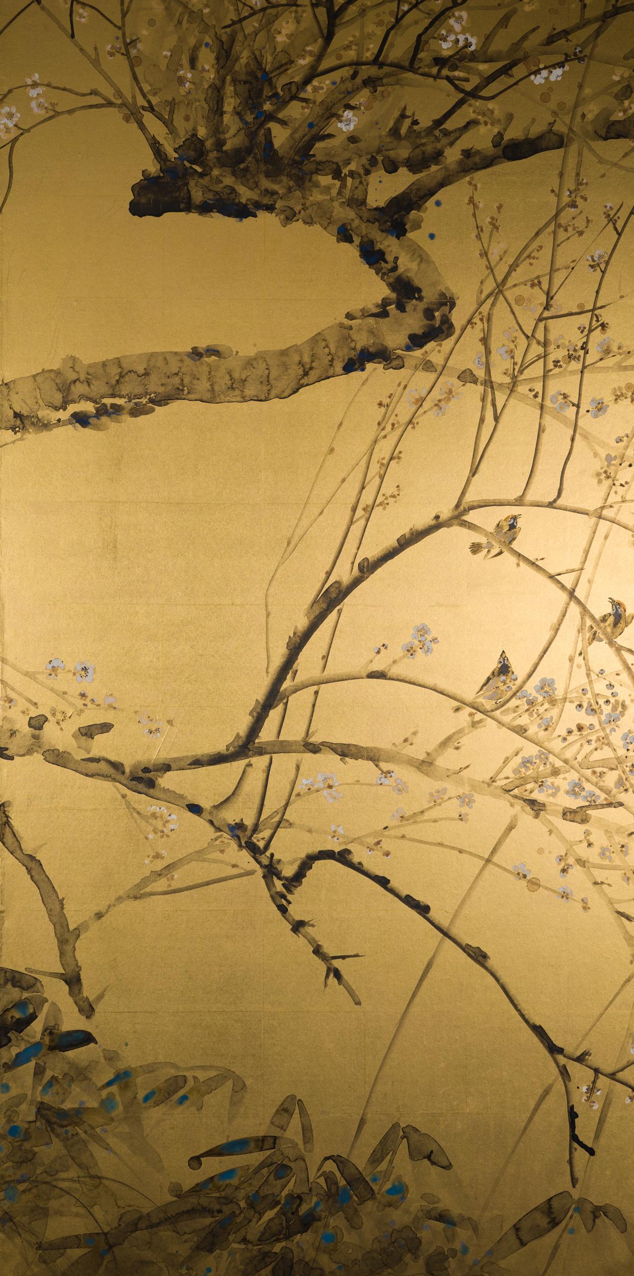 20th Century Japanese Two Panel Screen Painting of Plum Tree
