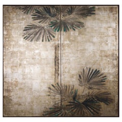 Japanese Two Panel Screen Palms on Silver