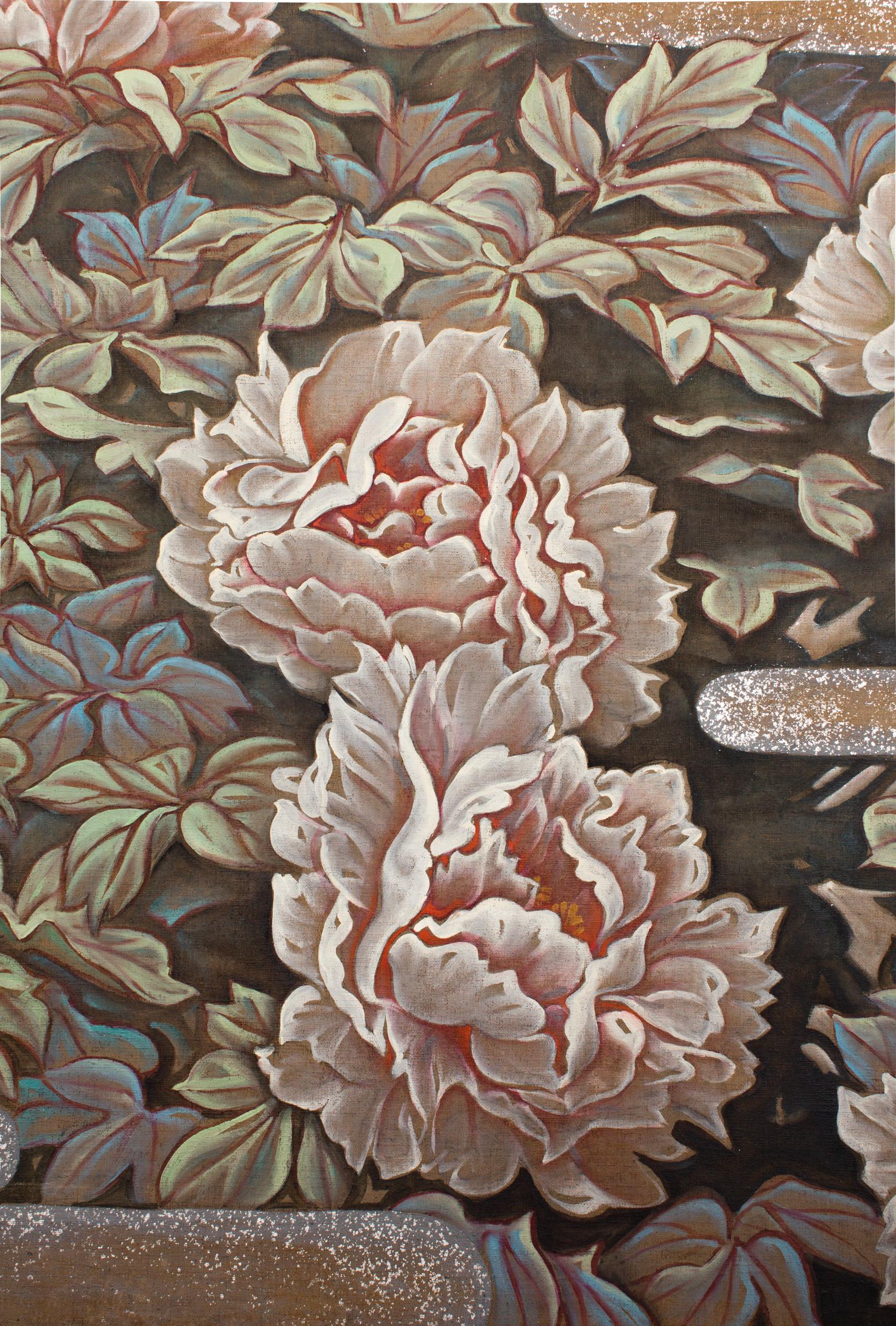 Japanese Two Panel Screen: Peonies In the Mist. Showa period (1926 - 1945) painting in oil on canvas of peonies with gold and silver dust clouds. Signature reads, Seishu.
