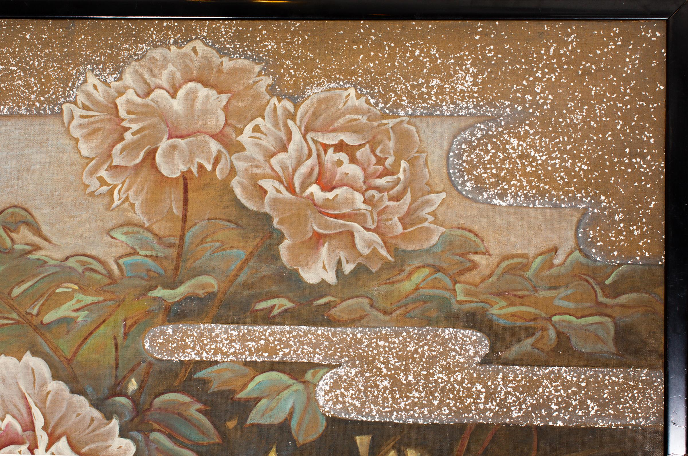Mid-20th Century Japanese Two Panel Screen Peonies In the Mist For Sale
